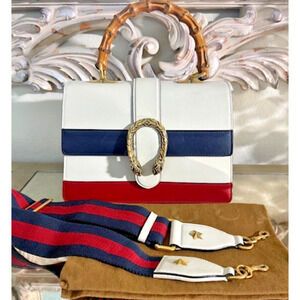 GUCCI Dionysus White Blue Red Medium Bamboo Top Handle Guitar Strap Leather Bag